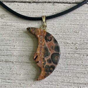Leopardskin Jasper Carved Man in the Moon Face Pendant Necklace Chakra Healing